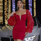 Fall Butterfly Sequined Lantern Sleeve Party Cocktail Nightclub Dress